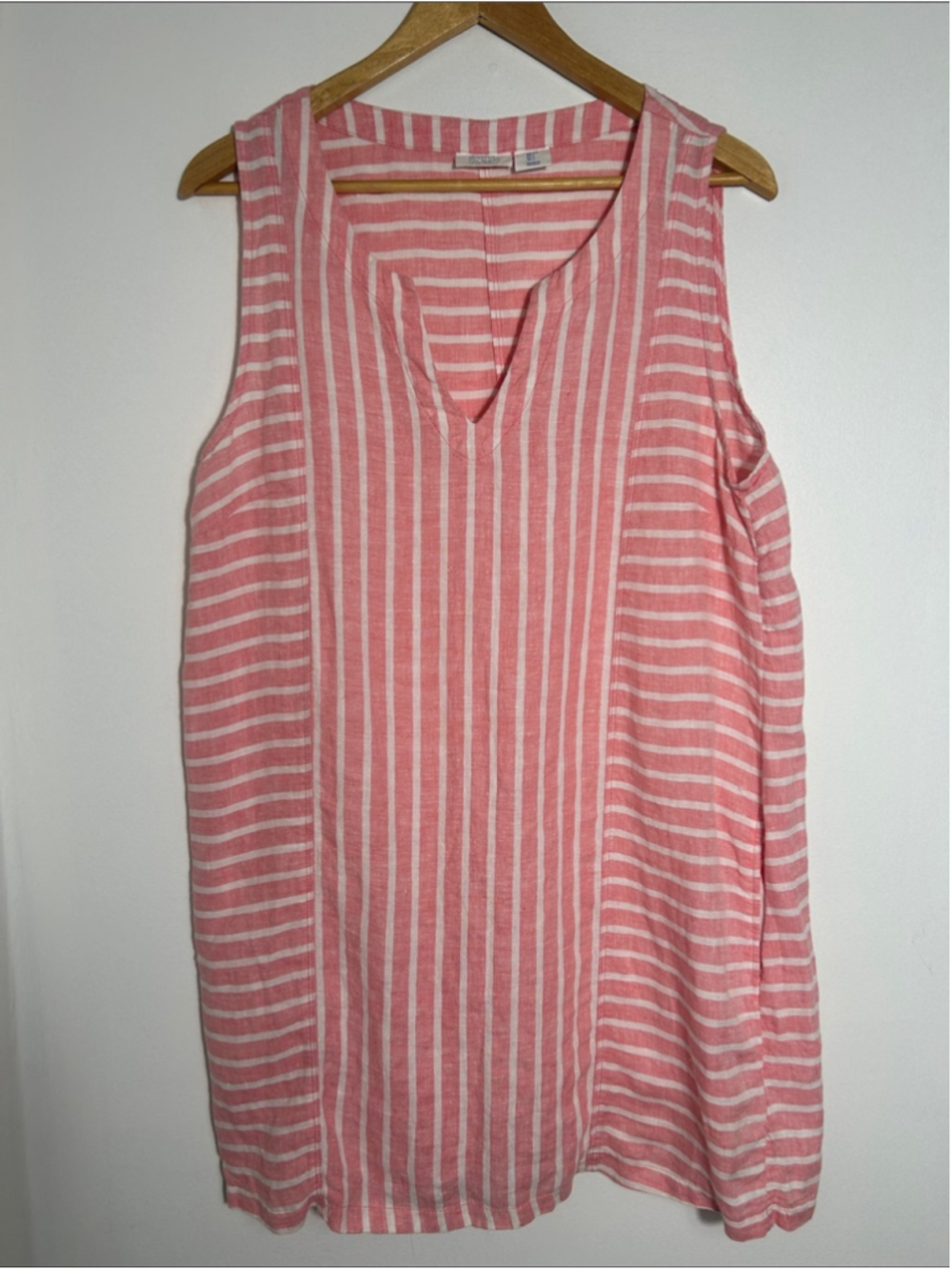 Sigrid Olsen 100% Linen Pink White Striped Shift Dress Pockets L